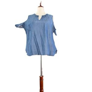 Kaari Blue Denim Cold Shoulder Blouse